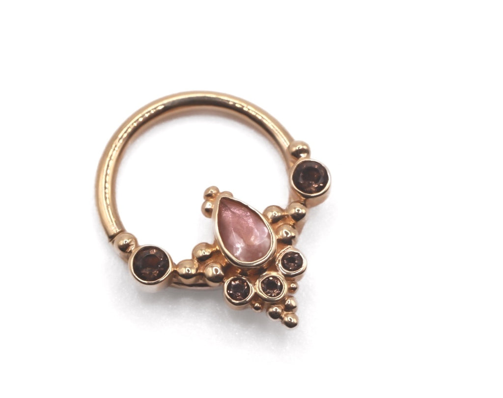 BVLA COLADA- 14k Yellow Gold- OREGON SUNSTONE / SMOKY QUARTZ- 16g Seam Ring