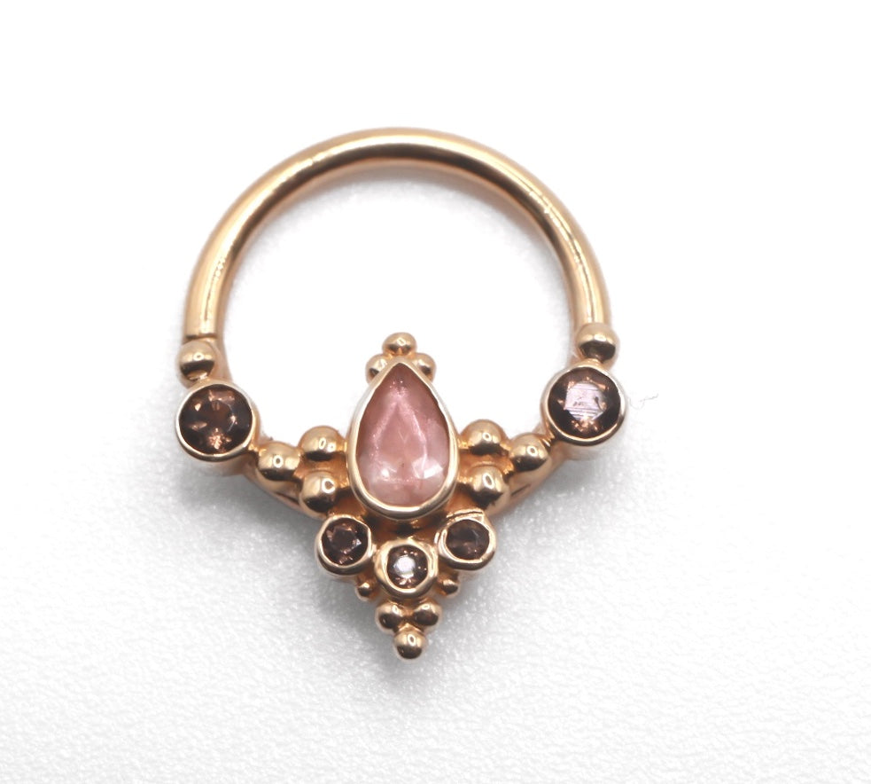 BVLA COLADA- 14k Yellow Gold- OREGON SUNSTONE / SMOKY QUARTZ- 16g Seam Ring