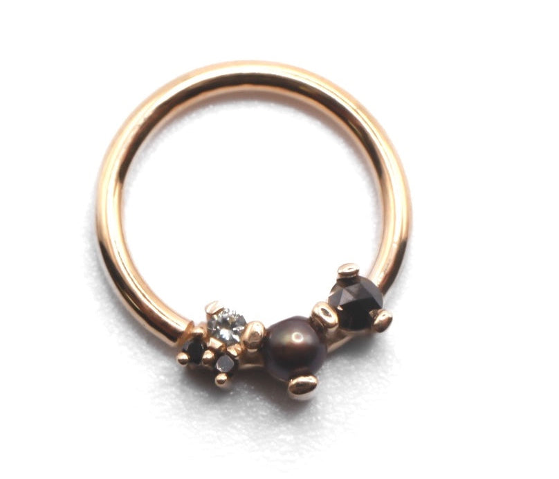 BVLA RIPPLE- 14k Yellow Gold- BLACK PEARL / BLACK DIAMOND / GREY SAPPHIRE- 16g Seam Ring